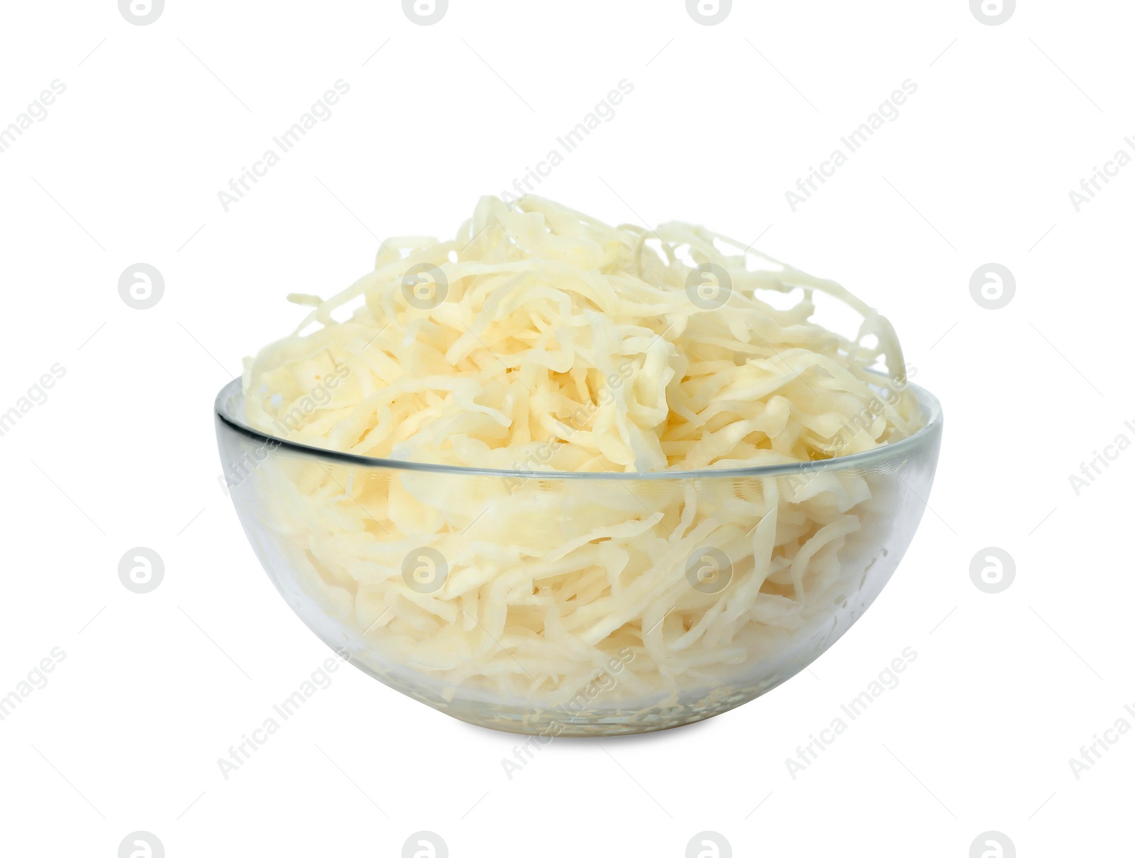 Glass bowl of tasty fermented cabbage isolated on white Photo of Glass bowl of tasty fermented cabbage isolated on white
