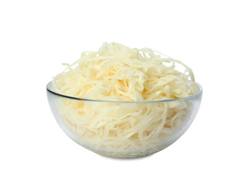 Glass bowl of tasty fermented cabbage isolated on white Photo of Glass bowl of tasty fermented cabbage isolated on white