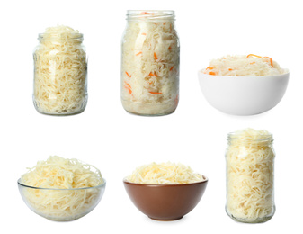 Set of tasty fermented cabbage isolated on white Image of Set of tasty fermented cabbage isolated on white