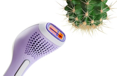 Hair removal concept. Cactus and modern photoepilator on white background Image of Hair removal concept. Cactus and modern photoepilator on white background