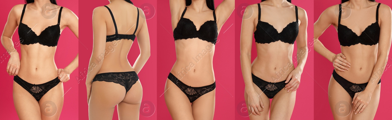 Collage of young woman in black underwear on pink background, closeup Image of Collage of young woman in black underwear on pink background, closeup