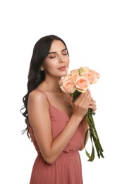 Young woman with beautiful bouquet on white background Photo of Young woman with beautiful bouquet on white background