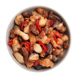 Tasty fried cracklings with chili pepper in bowl on white background, top view. Cooked pork lard Photo of Tasty fried cracklings with chili pepper in bowl on white background, top view. Cooked pork lard