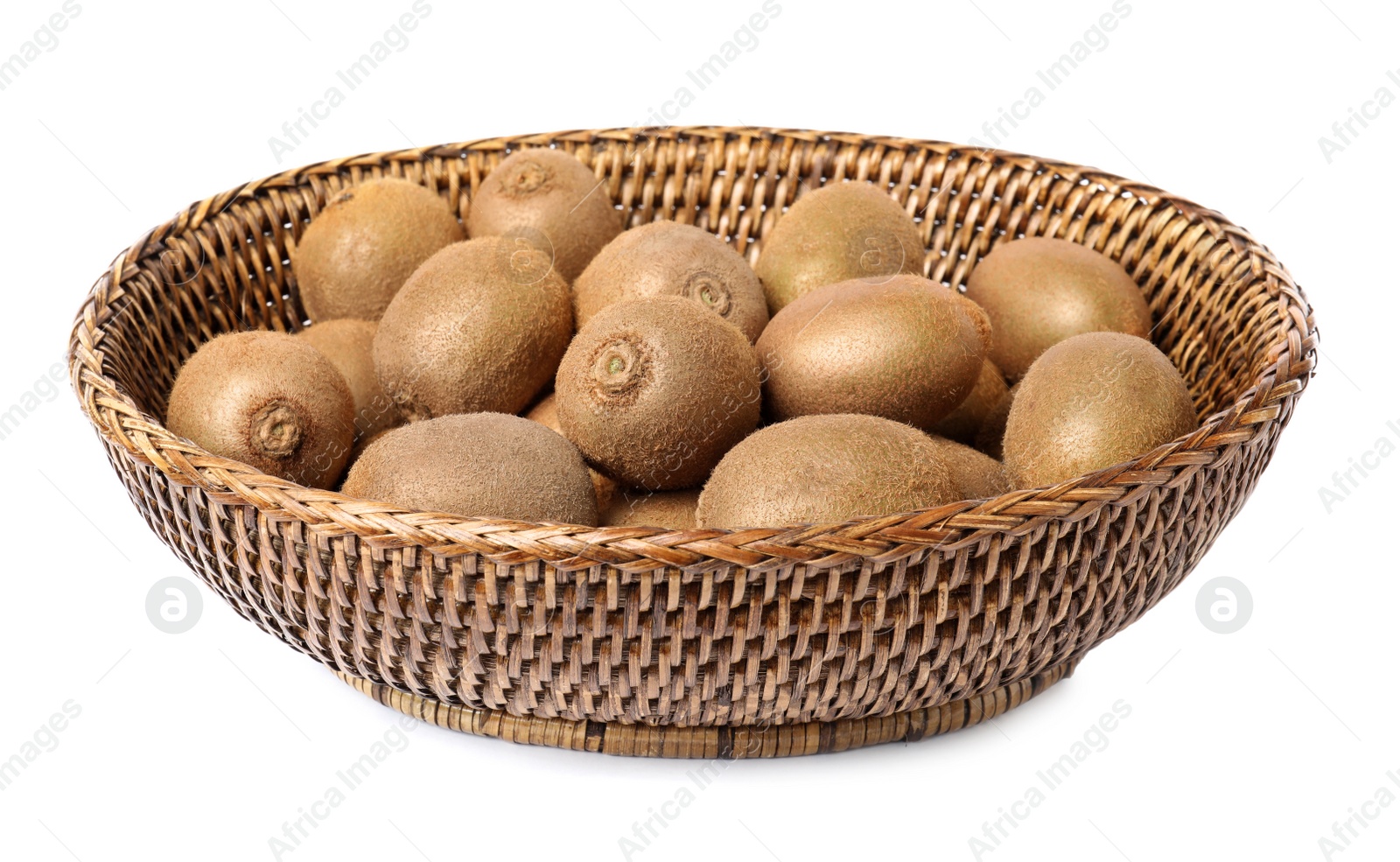 Photo of Whole fresh kiwis in wicker bowl isolated on white