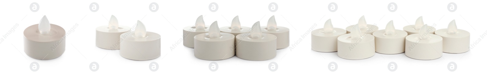 Set with decorative flameless LED candles on white background. Banner design Image of Set with decorative flameless LED candles on white background. Banner design
