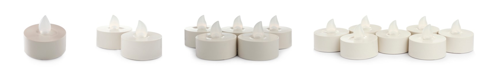 Set with decorative flameless LED candles on white background. Banner design Image of Set with decorative flameless LED candles on white background. Banner design