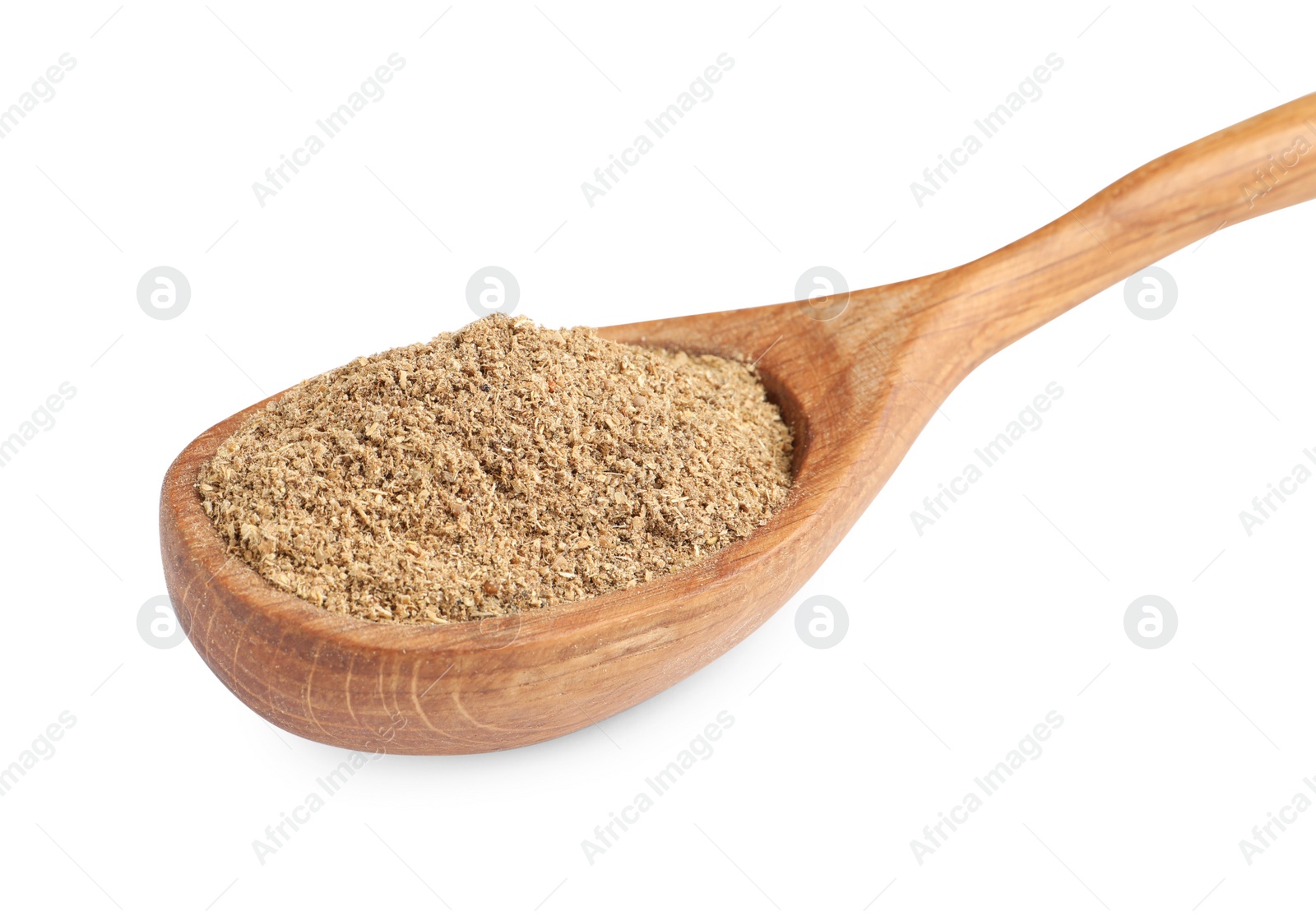 Wooden spoon with powdered coriander on white background Photo of Wooden spoon with powdered coriander on white background