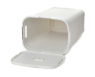 One open empty laundry basket isolated on white Photo of One open empty laundry basket isolated on white