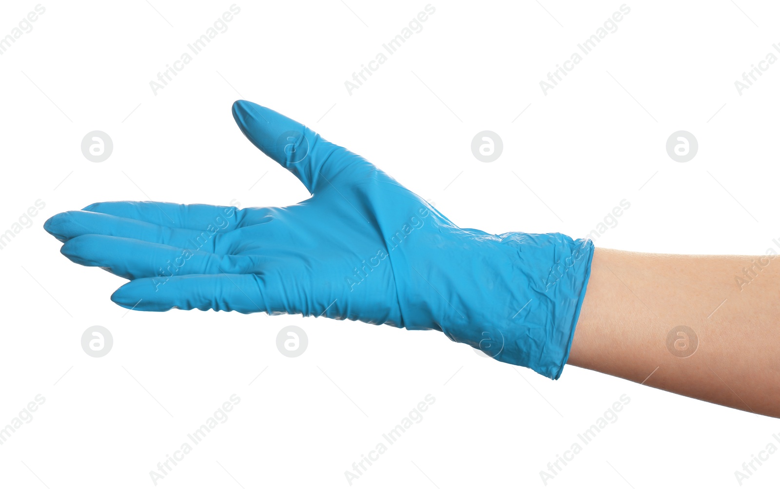 Woman in blue latex gloves on white background, closeup of hand Photo of Woman in blue latex gloves on white background, closeup of hand