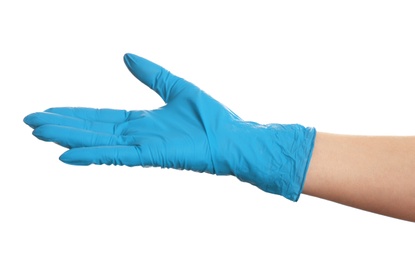 Woman in blue latex gloves on white background, closeup of hand Photo of Woman in blue latex gloves on white background, closeup of hand