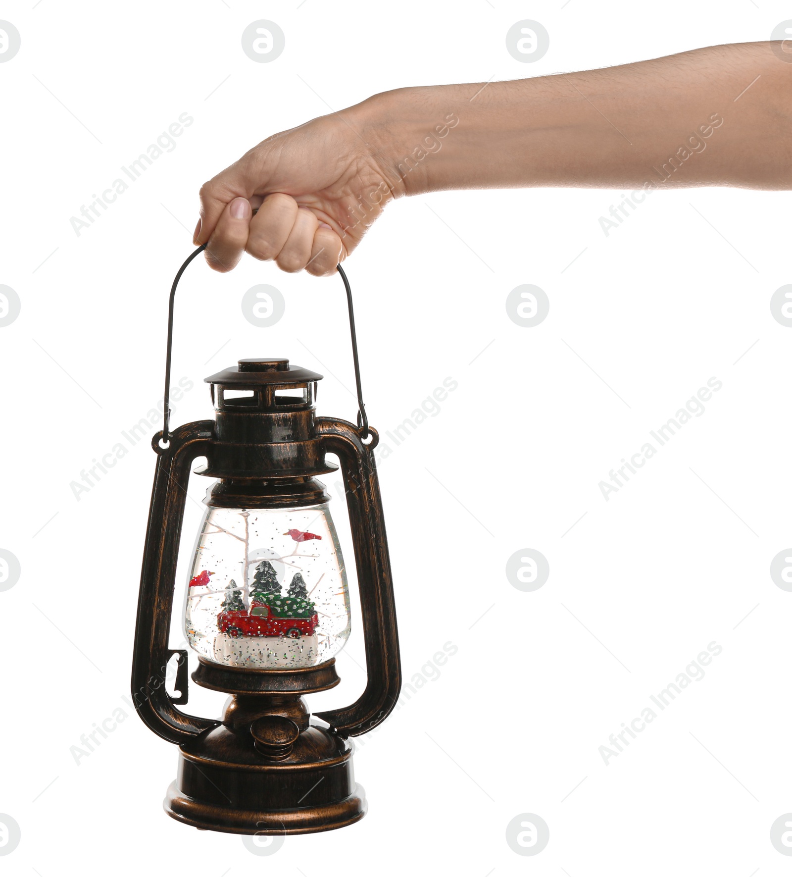 Woman holding beautiful snow globe on white background, closeup Photo of Woman holding beautiful snow globe on white background, closeup
