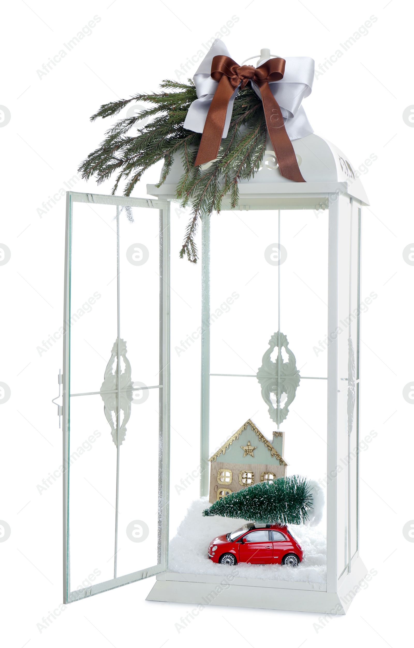 Beautiful Christmas lantern with festive composition isolated on white Photo of Beautiful Christmas lantern with festive composition isolated on white