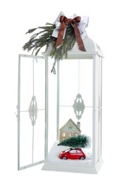 Beautiful Christmas lantern with festive composition isolated on white Photo of Beautiful Christmas lantern with festive composition isolated on white