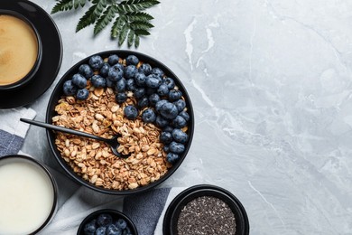 Bowl of oat with blueberry served on light marble table, flat lay. Space for text Photo of Bowl of oat with blueberry served on light marble table, flat lay. Space for text