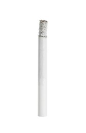 Cigarette with filter smoldering on white background Photo of Cigarette with filter smoldering on white background
