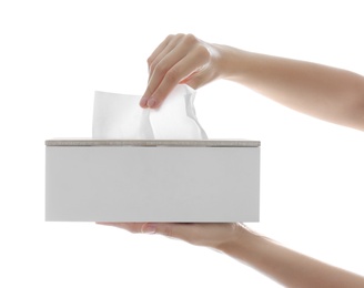 Woman taking paper tissue from holder on white background, closeup Photo of Woman taking paper tissue from holder on white background, closeup