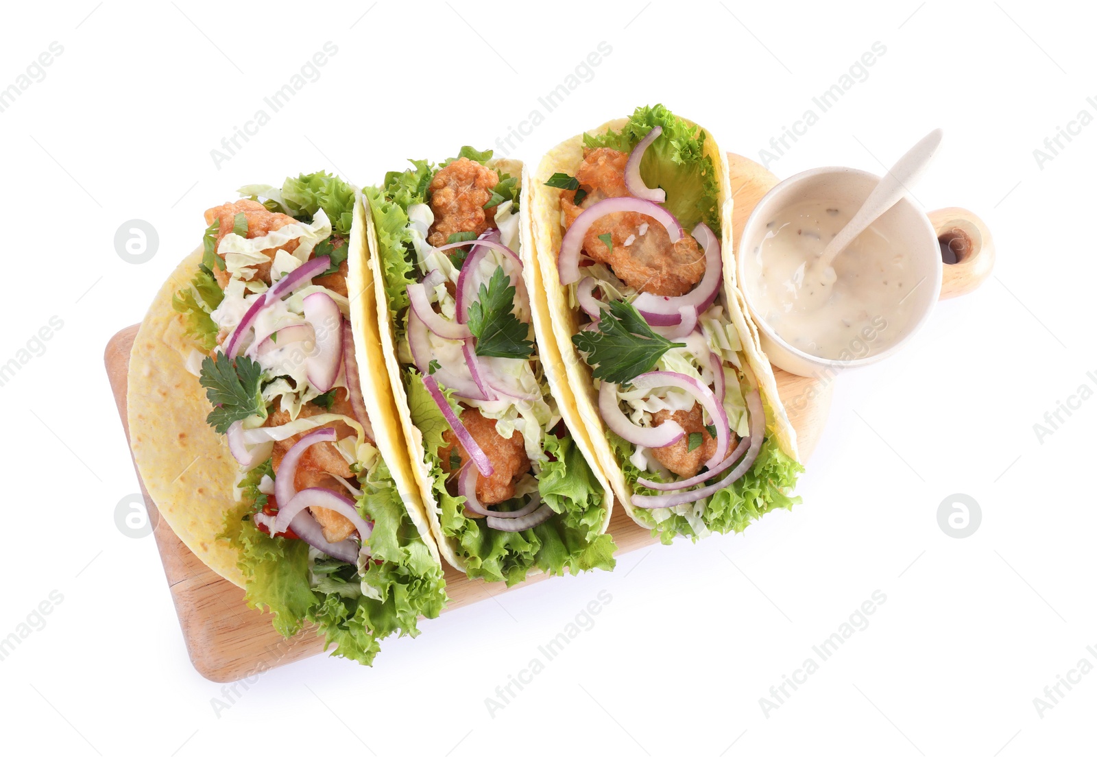 Yummy fish tacos with sauce isolated on white, top view Photo of Yummy fish tacos with sauce isolated on white, top view
