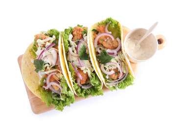 Yummy fish tacos with sauce isolated on white, top view Photo of Yummy fish tacos with sauce isolated on white, top view