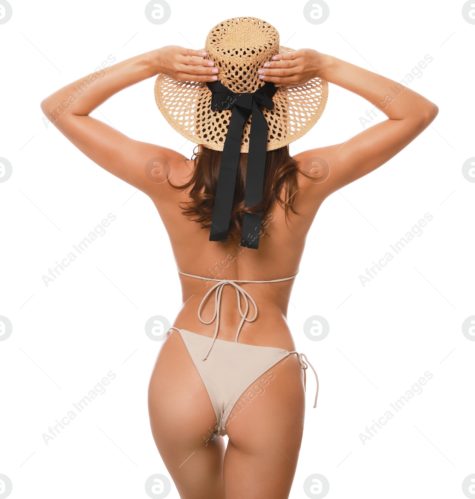 Beautiful woman in stylish bikini on white background, back view Photo of Beautiful woman in stylish bikini on white background, back view