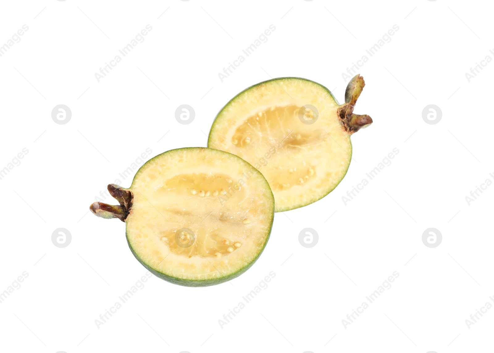 Delicious cut feijoa fruit on white background Photo of Delicious cut feijoa fruit on white background