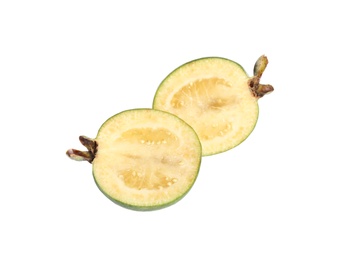 Delicious cut feijoa fruit on white background Photo of Delicious cut feijoa fruit on white background