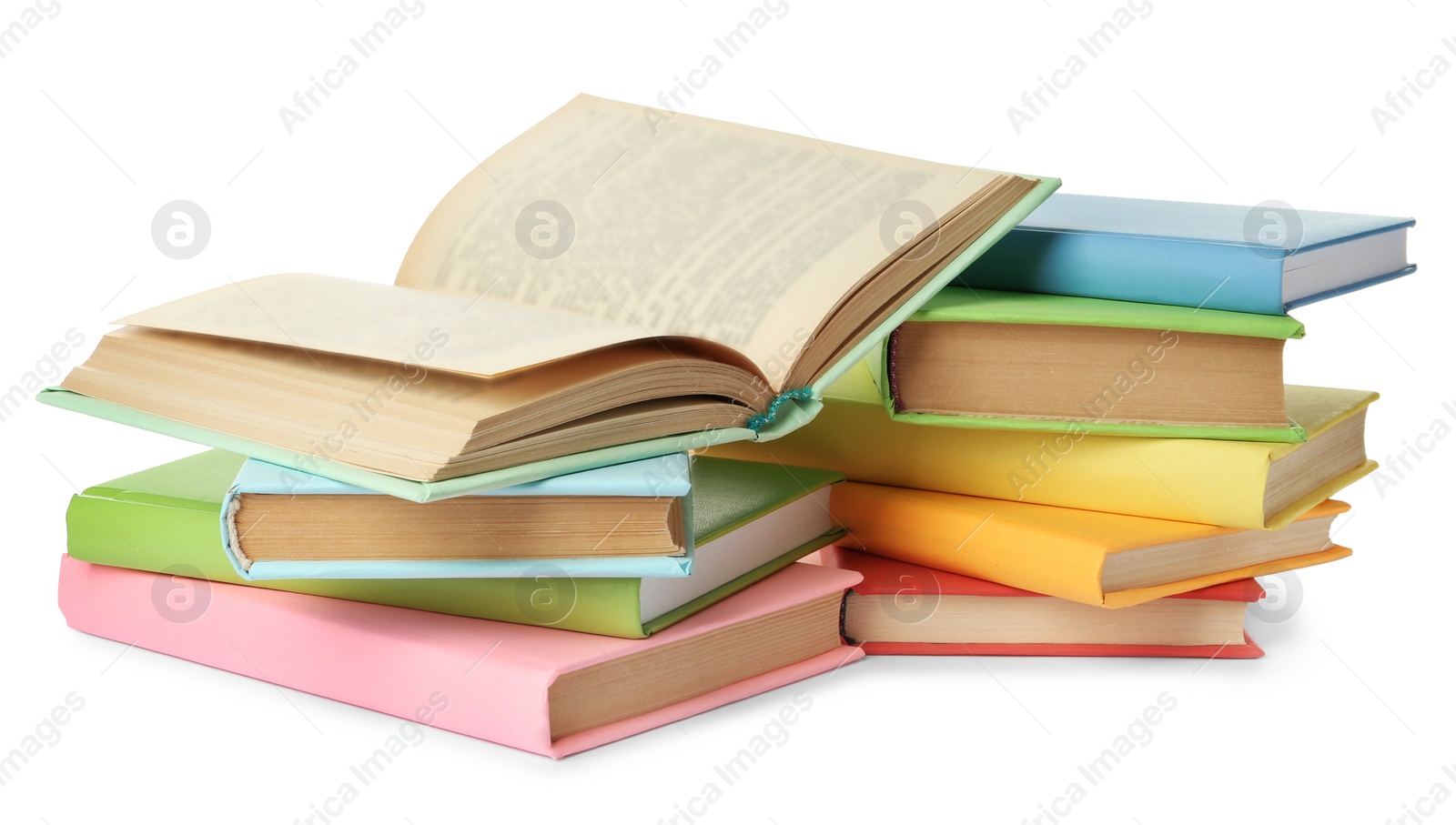 Photo of Many colorful hardcover books on white background