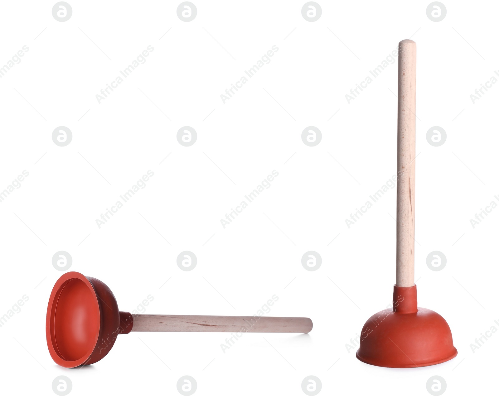 Plungers with wooden handles on white background, collage Image of Plungers with wooden handles on white background, collage