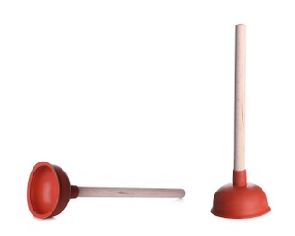 Plungers with wooden handles on white background, collage Image of Plungers with wooden handles on white background, collage