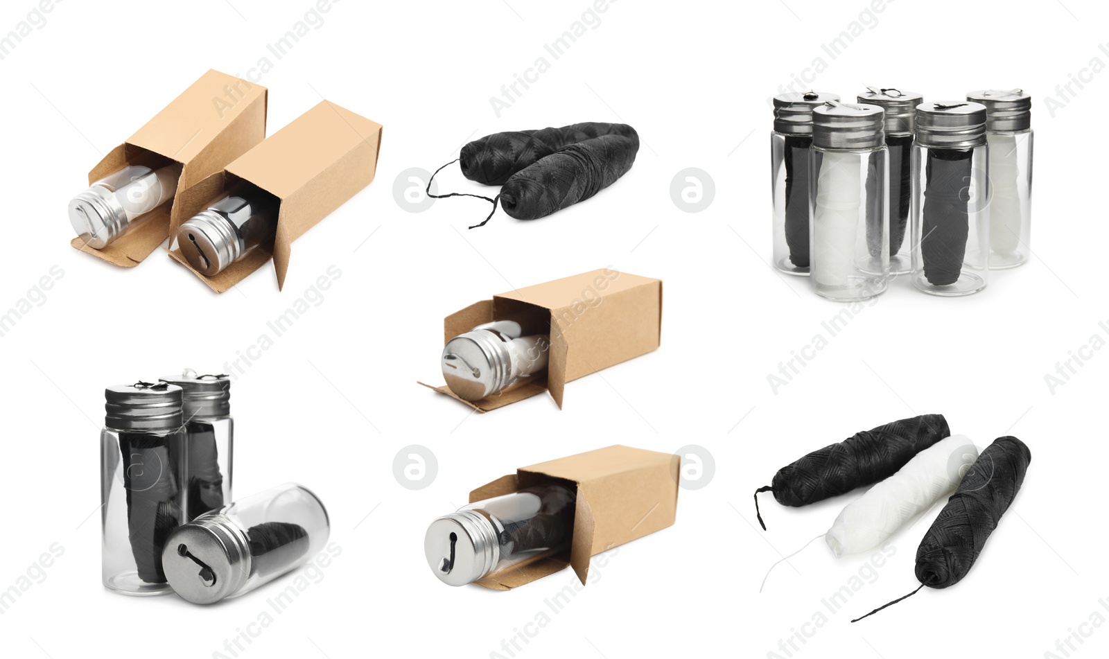 Image of Set with rolls of natural dental floss on white background