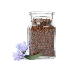 Jar of chicory granules and flowers on white background Photo of Jar of chicory granules and flowers on white background
