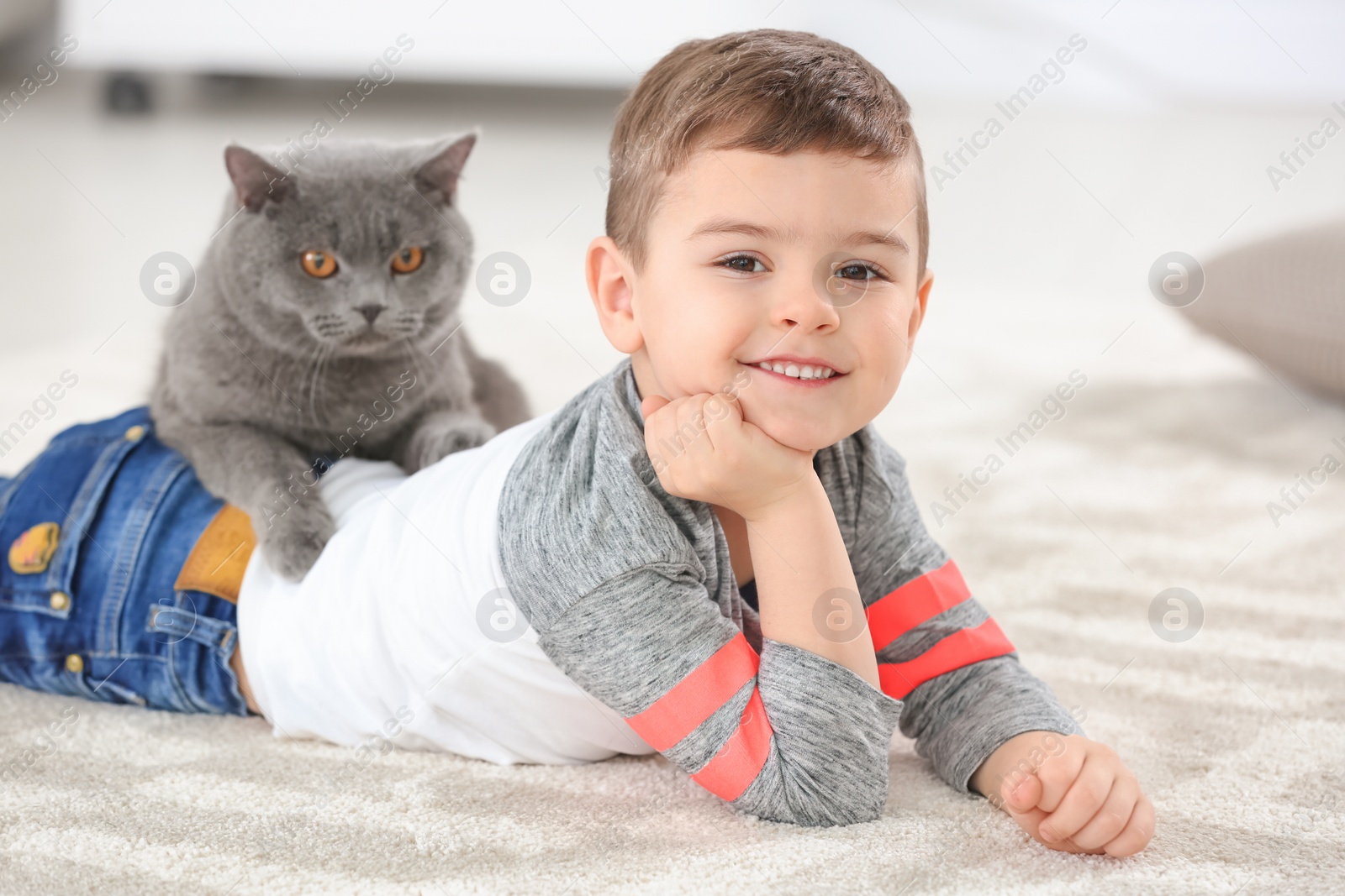 Photo of Cute little child with cat at home