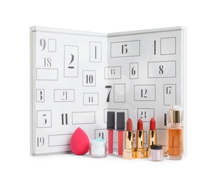 Christmas advent calendar with different cosmetics and perfume isolated on white Photo of Christmas advent calendar with different cosmetics and perfume isolated on white