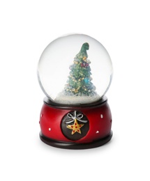 Beautiful snow globe with Christmas tree isolated on white Photo of Beautiful snow globe with Christmas tree isolated on white