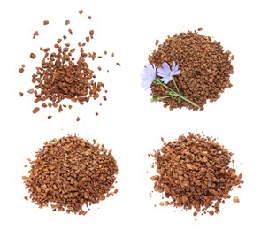 Set with chicory granules on white background, top view Image of Set with chicory granules on white background, top view