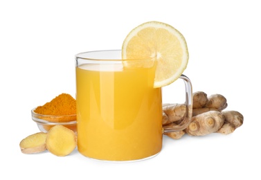 Immunity boosting drink with lemon, ginger and turmeric on white background Photo of Immunity boosting drink with lemon, ginger and turmeric on white background
