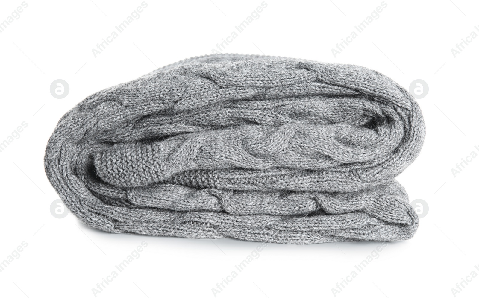Stylish grey knitted plaid on white background Photo of Stylish grey knitted plaid on white background