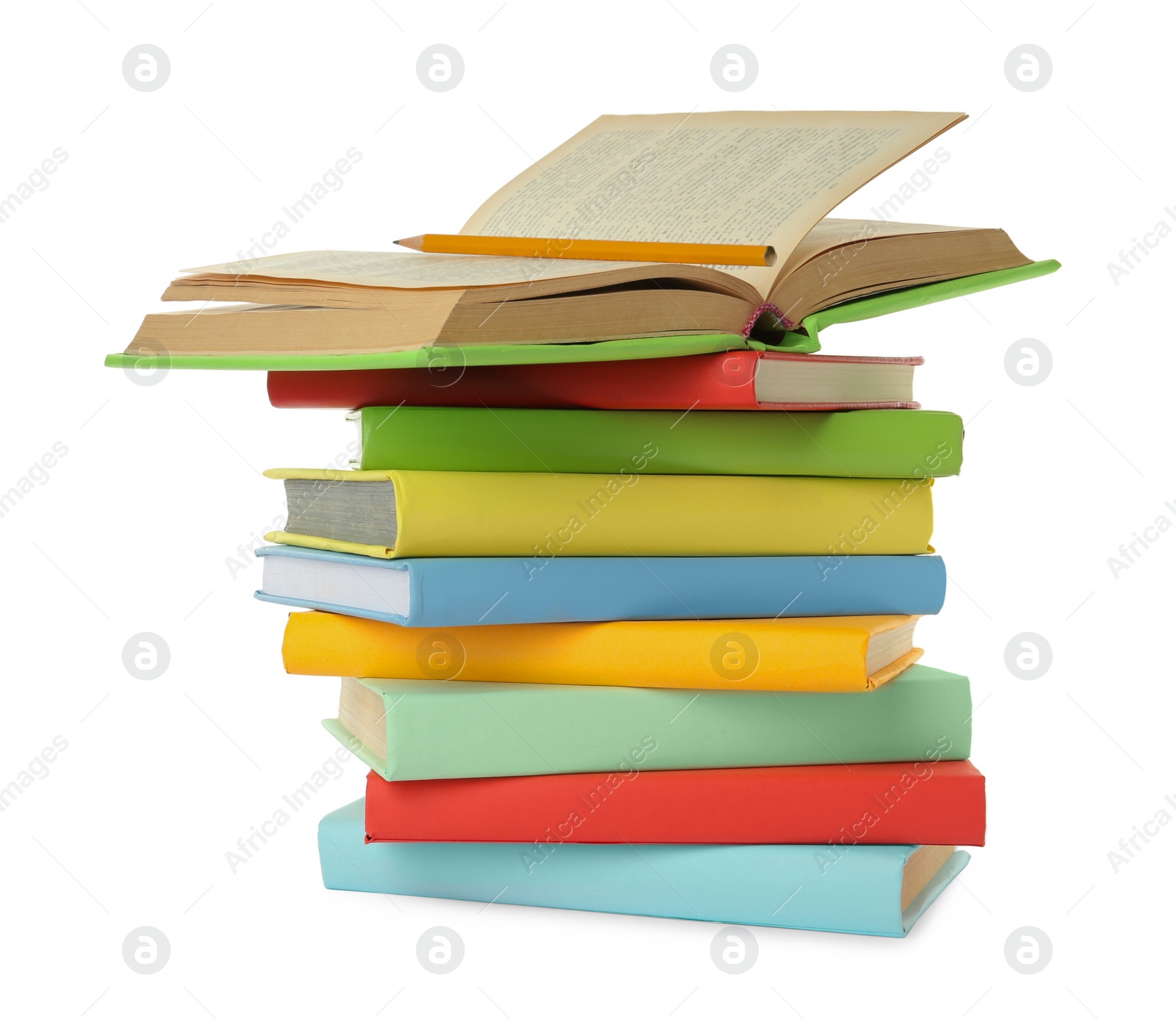 Photo of Many colorful hardcover books with pencil on white background