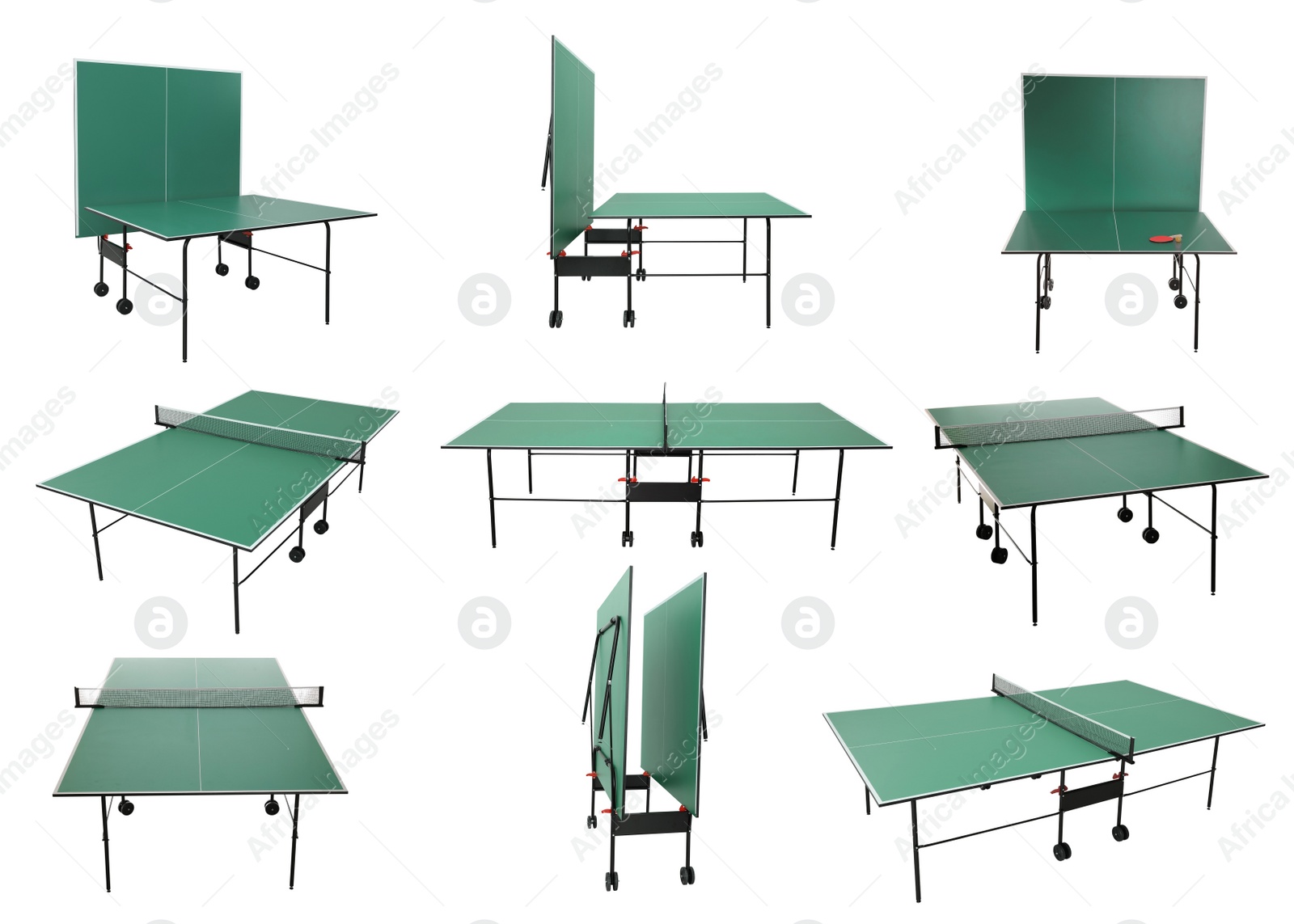 Green ping pong tables on white background, collage Image of Green ping pong tables on white background, collage