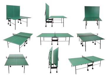 Green ping pong tables on white background, collage Image of Green ping pong tables on white background, collage