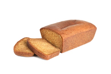 Photo of Delicious fresh gingerbread cake on white background