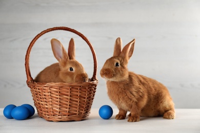 Cute bunnies, basket and Easter eggs on white table Photo of Cute bunnies, basket and Easter eggs on white table
