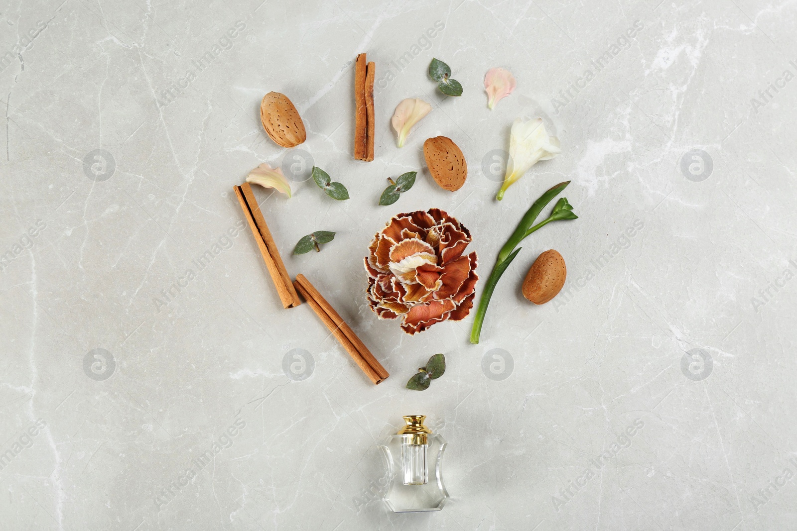 Flat lay composition with bottle of perfume on marble background Photo of Flat lay composition with bottle of perfume on marble background