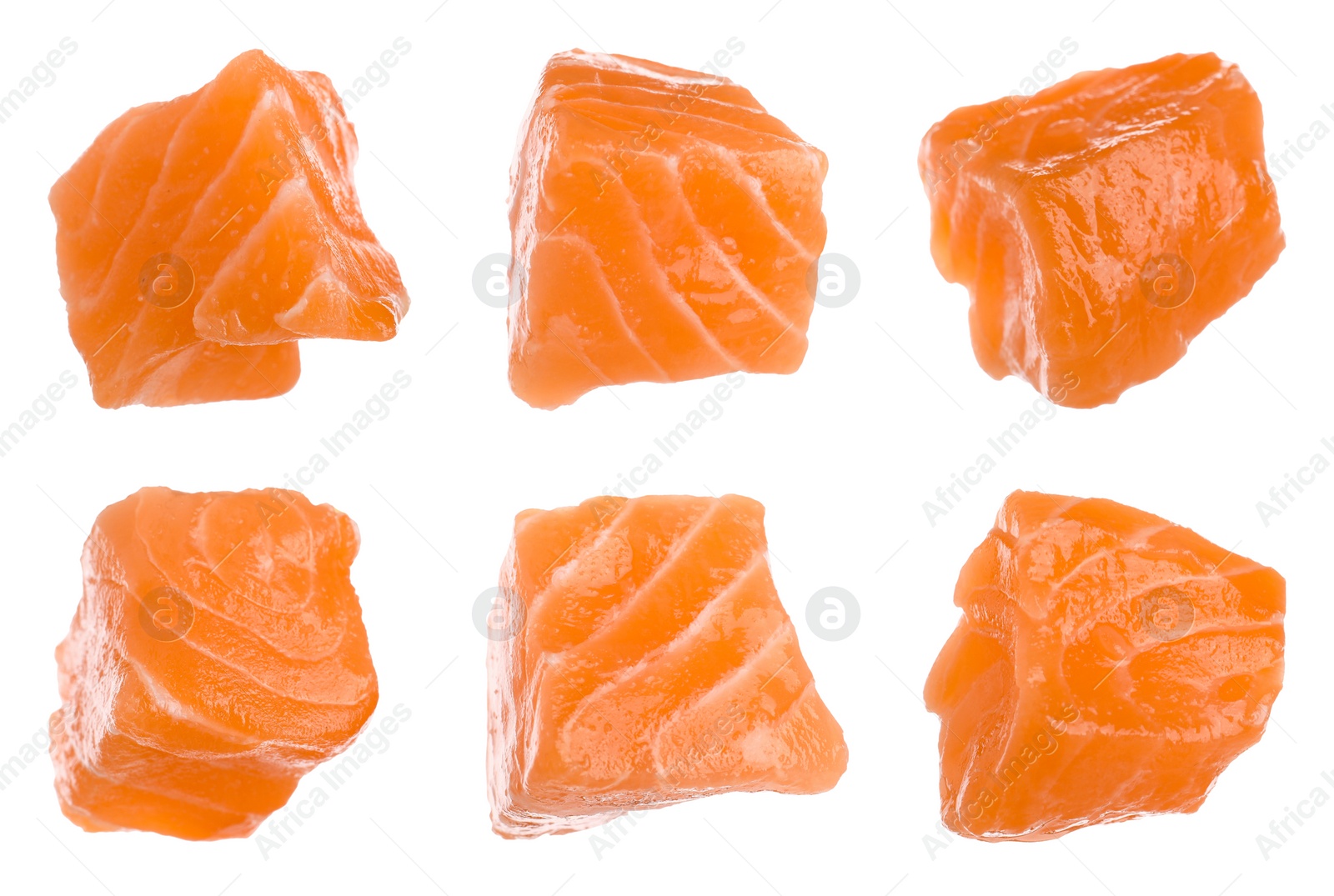 Set with pieces of fresh raw salmon on white background. Fish delicacy Image of Set with pieces of fresh raw salmon on white background. Fish delicacy