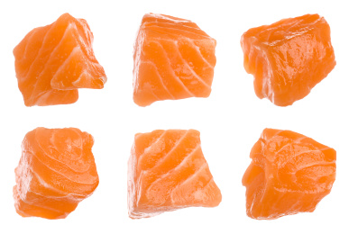 Set with pieces of fresh raw salmon on white background. Fish delicacy Image of Set with pieces of fresh raw salmon on white background. Fish delicacy