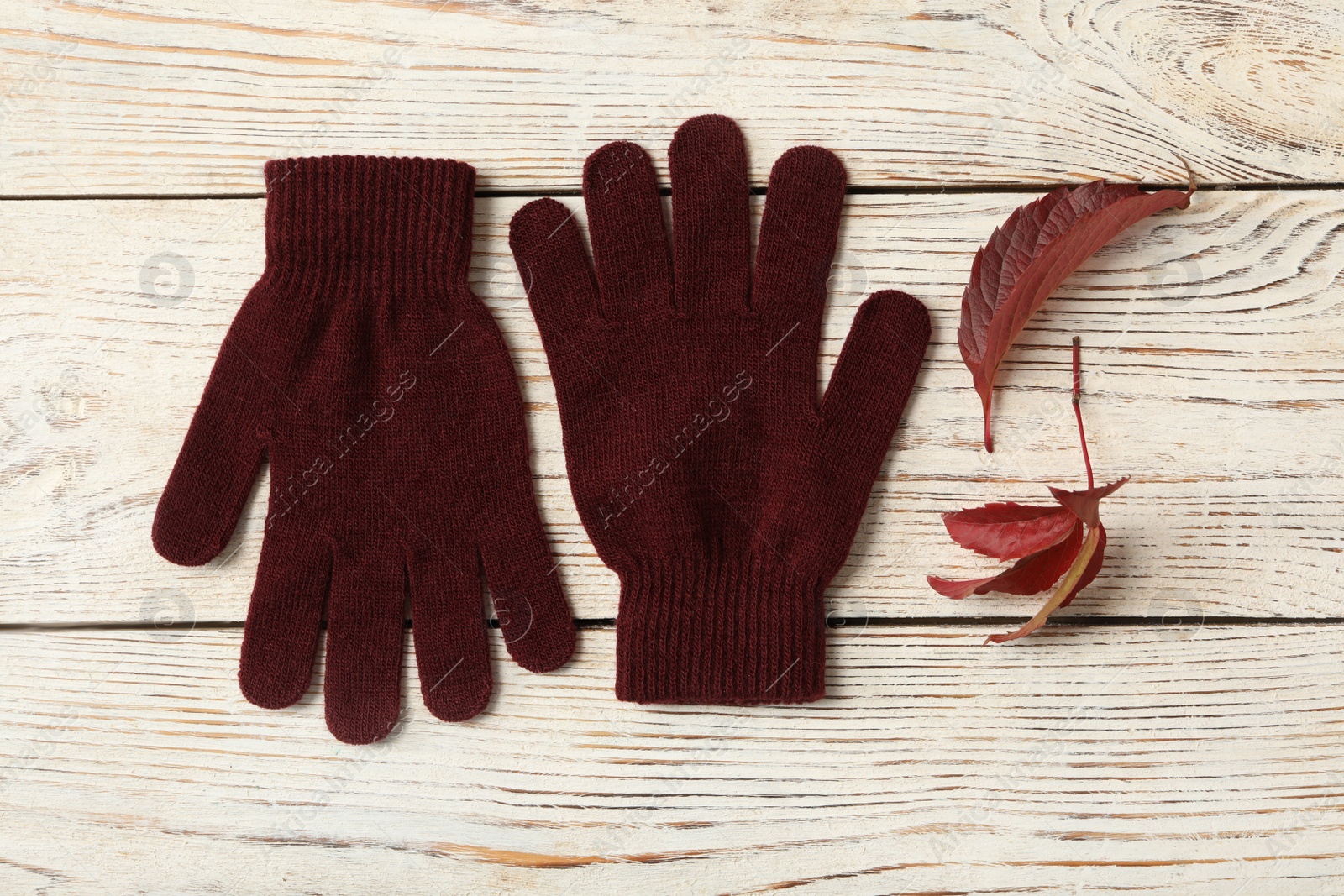 Stylish woolen gloves and dry leaves on white wooden table, flat lay Photo of Stylish woolen gloves and dry leaves on white wooden table, flat lay
