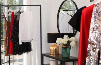 Modern wardrobe room interior with stylish furniture Photo of Modern wardrobe room interior with stylish furniture