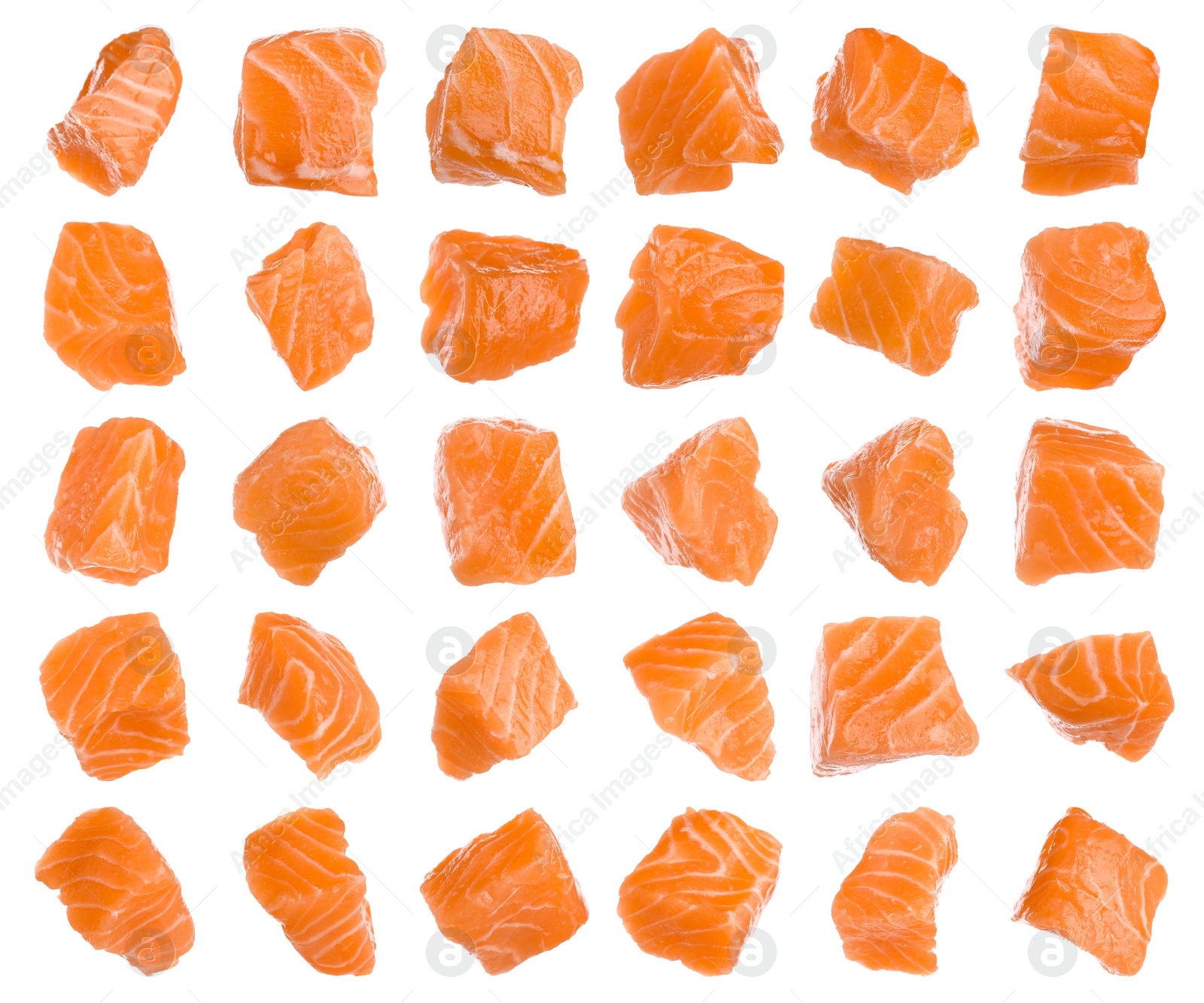 Set with pieces of fresh raw salmon on white background. Fish delicacy Image of Set with pieces of fresh raw salmon on white background. Fish delicacy