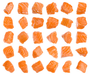 Set with pieces of fresh raw salmon on white background. Fish delicacy Image of Set with pieces of fresh raw salmon on white background. Fish delicacy
