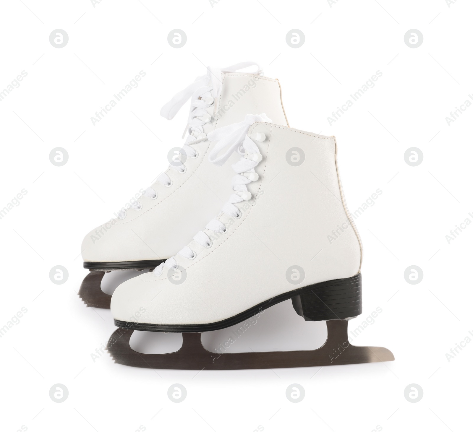 Pair of figure ice skates isolated on white, top view Photo of Pair of figure ice skates isolated on white, top view