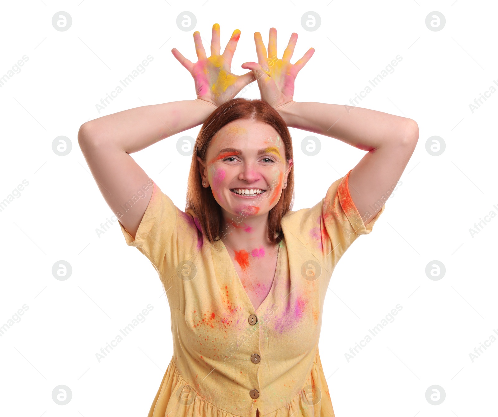 Woman covered with colorful powder dyes on white background. Holi festival celebration Photo of Woman covered with colorful powder dyes on white background. Holi festival celebration